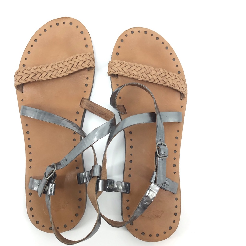 UGG Jordyne Leather Braided Silver Pewter Strap Sandal